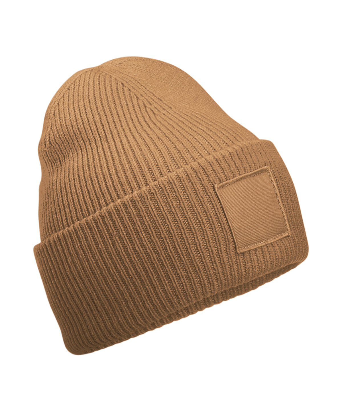 Deep-cuffed tonal patch beanie — Biscuit