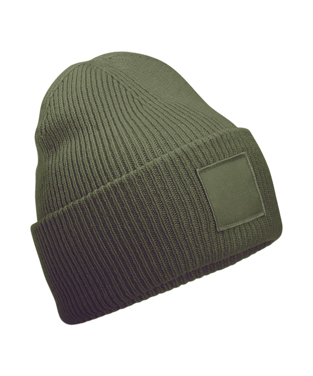 Deep-cuffed tonal patch beanie — Olive Green