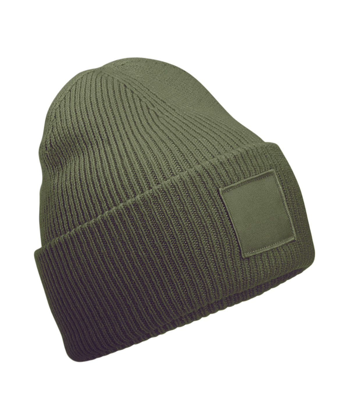 Deep-cuffed tonal patch beanie — Olive Green