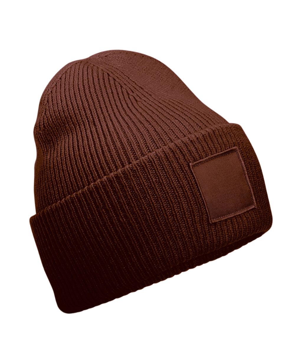 Deep-cuffed tonal patch beanie — Walnut