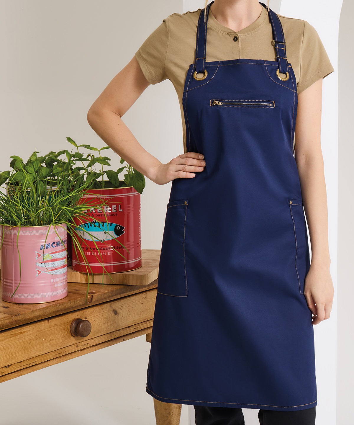 ‘Barley’ Contrast Stitch Bib Apron — lifestyle