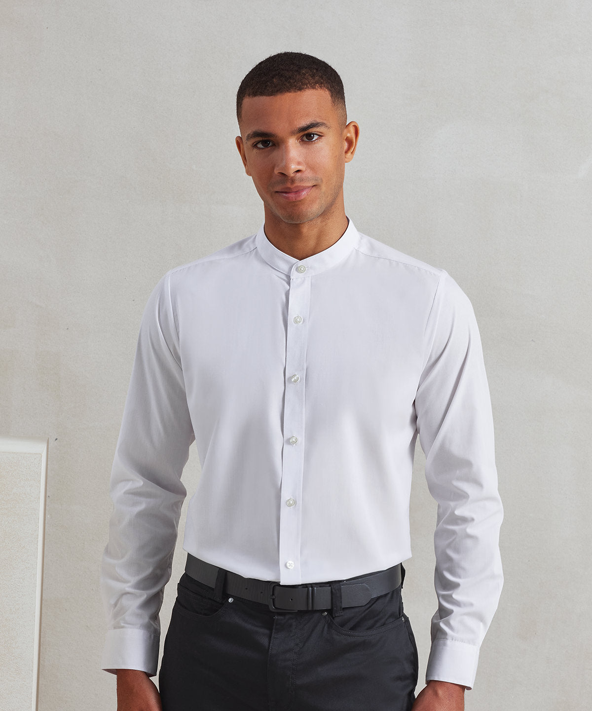 Banded collar grandad long sleeve shirt — lifestyle